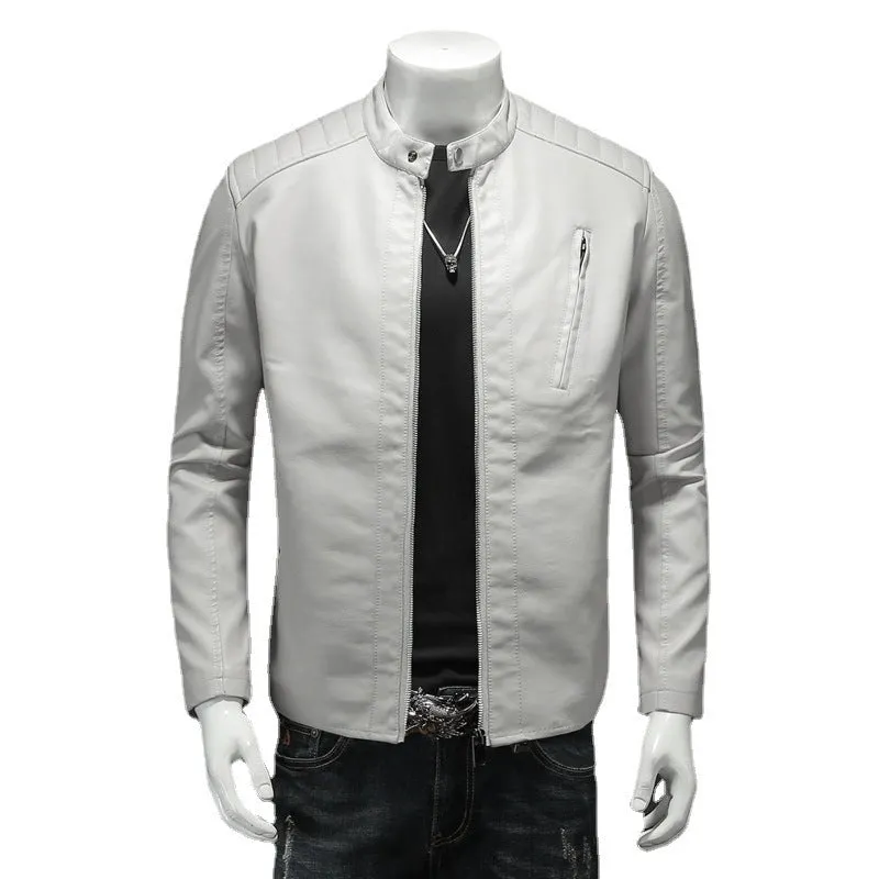 Men's plus size PU leather jacket with stand collar and zipper pockets in black, front view