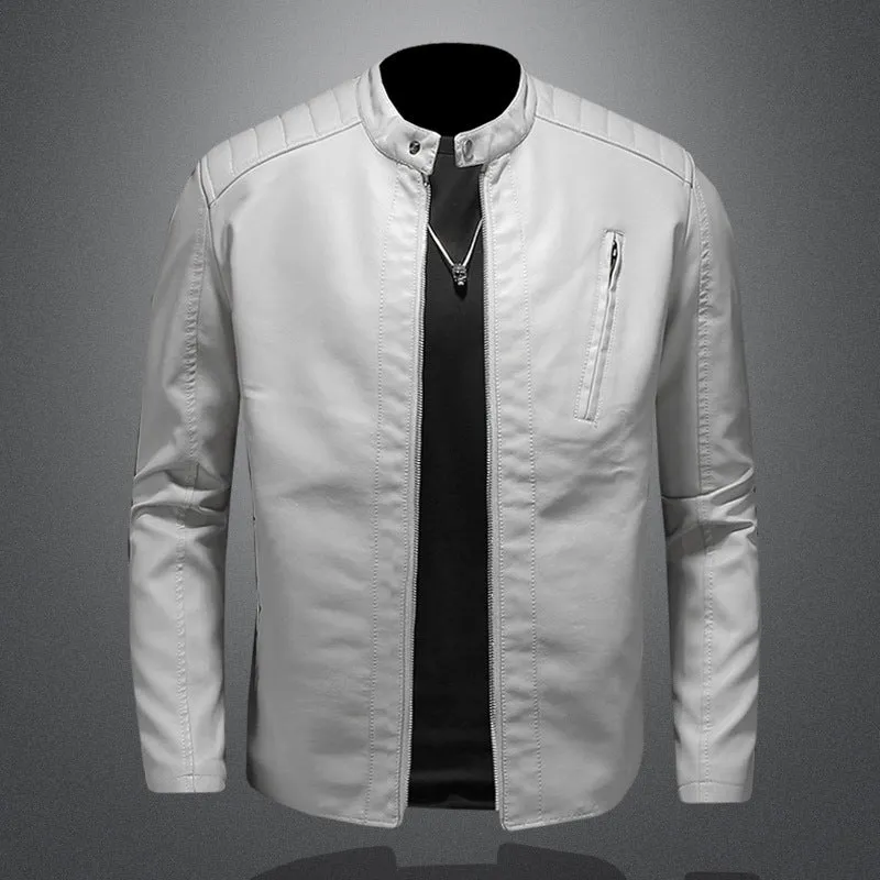 Men's plus size PU leather jacket with stand collar and zipper pockets in black, front view