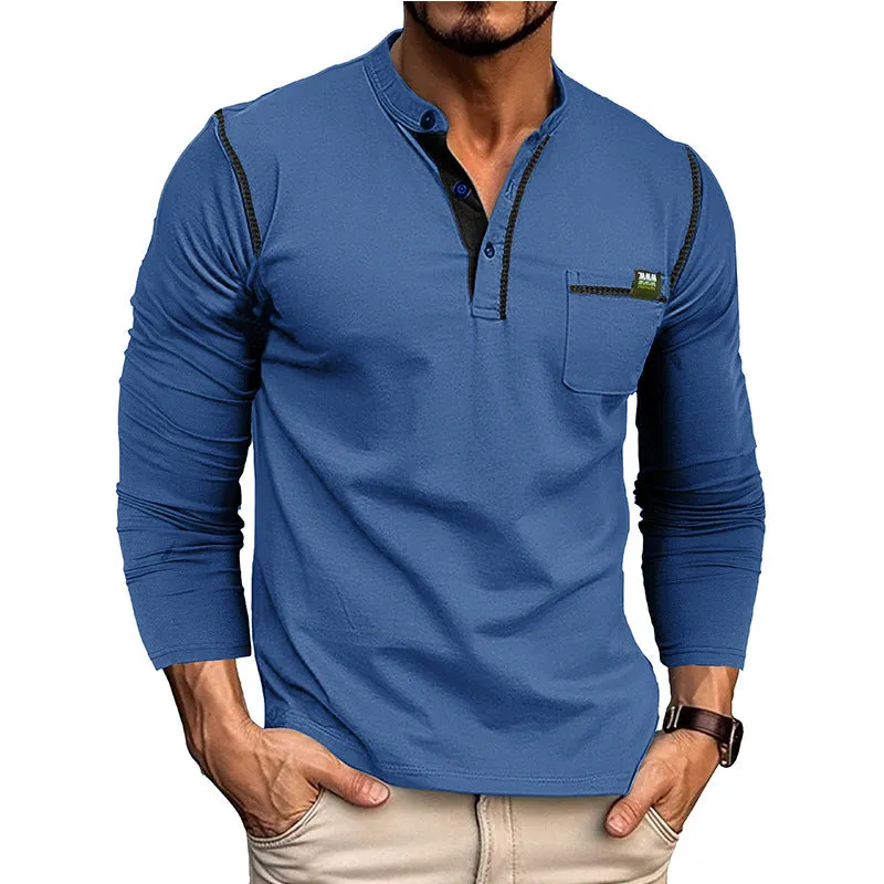Men's long sleeve cotton blend pullover shirt in six colours: white, dark gray, black, wine red, sapphire blue, dark green. Asian sizes S-XXL.