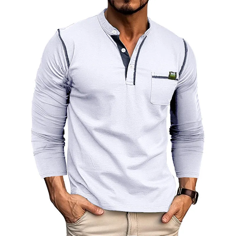 Men's long sleeve cotton blend pullover shirt in six colours: white, dark gray, black, wine red, sapphire blue, dark green. Asian sizes S-XXL.