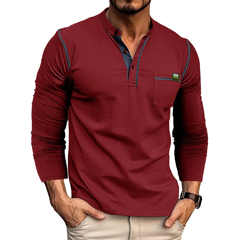 Men's long sleeve cotton blend pullover shirt in six colours: white, dark gray, black, wine red, sapphire blue, dark green. Asian sizes S-XXL.