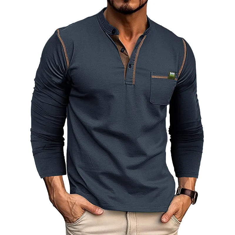 Men's long sleeve cotton blend pullover shirt in six colours: white, dark gray, black, wine red, sapphire blue, dark green. Asian sizes S-XXL.