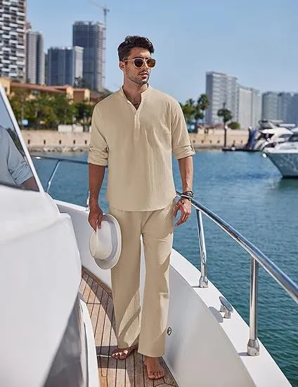 Men's casual cotton suit set in solid colour with long sleeve top and matching trousers