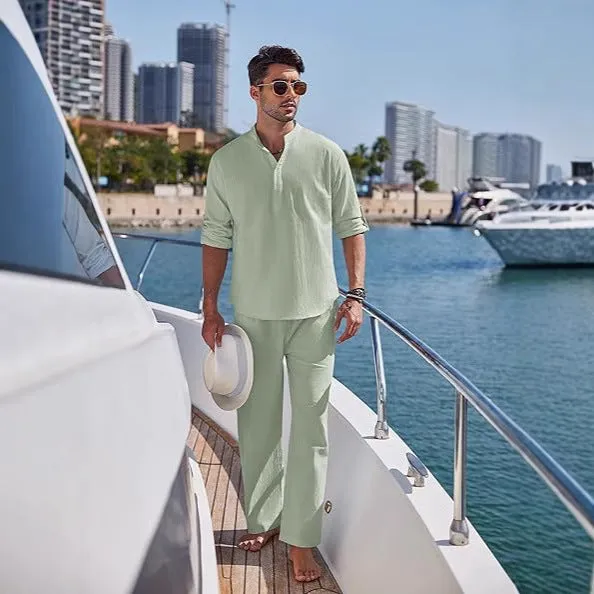 Men's casual cotton suit set in solid colour with long sleeve top and matching trousers