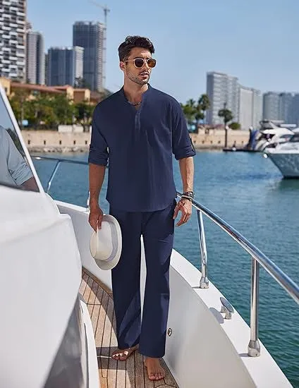 Men's casual cotton suit set in solid colour with long sleeve top and matching trousers