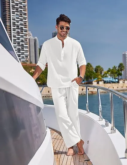 Men's casual cotton suit set in solid colour with long sleeve top and matching trousers