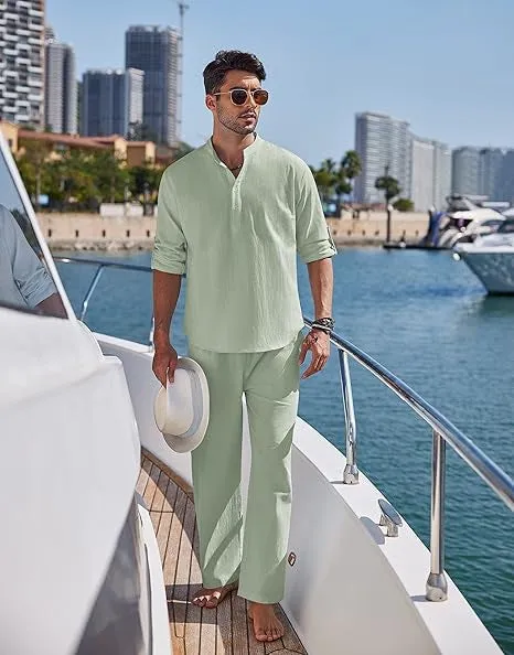 Men's casual cotton suit set in solid colour with long sleeve top and matching trousers