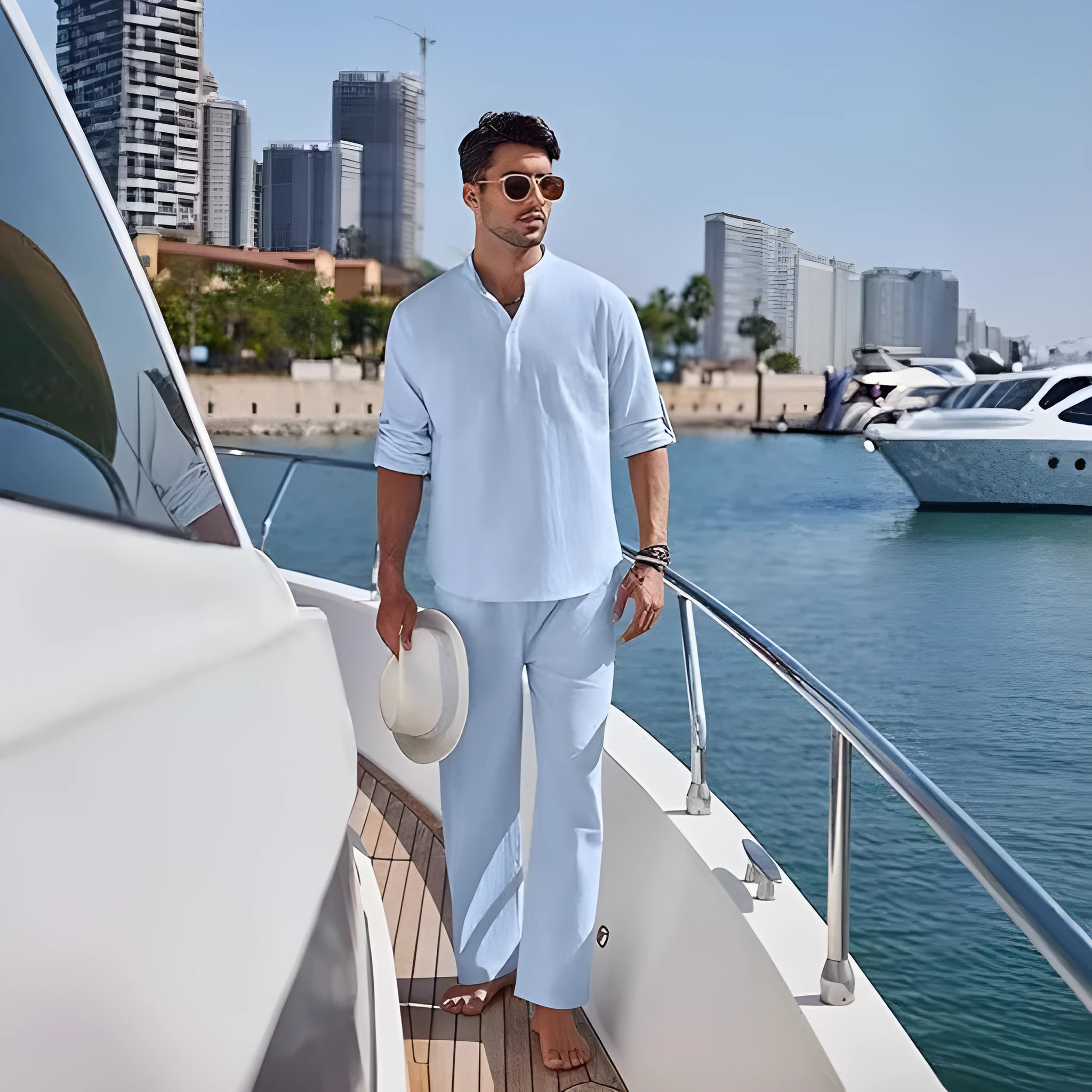 Men's casual cotton suit set in solid colour with long sleeve top and matching trousers