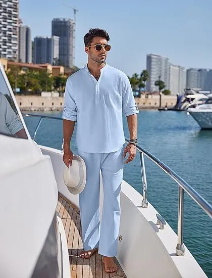 Men's casual cotton suit set in solid colour with long sleeve top and matching trousers