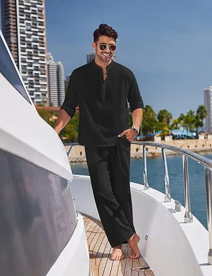 Men's casual cotton suit set in solid colour with long sleeve top and matching trousers