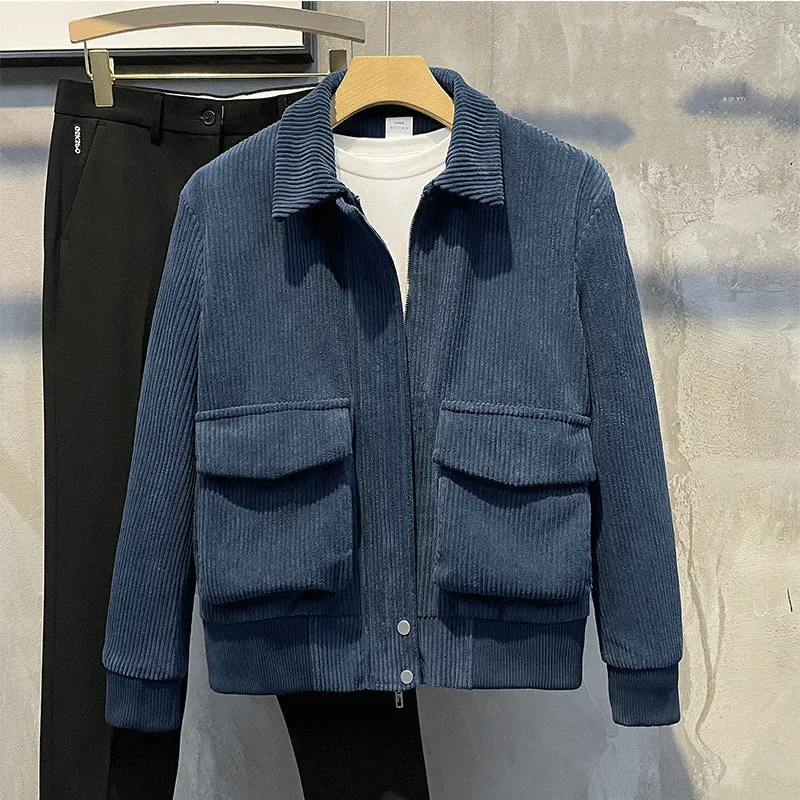 Corduroy coat for men, loose fit, drawstring sleeves, green colour, front view with relaxed silhouette
