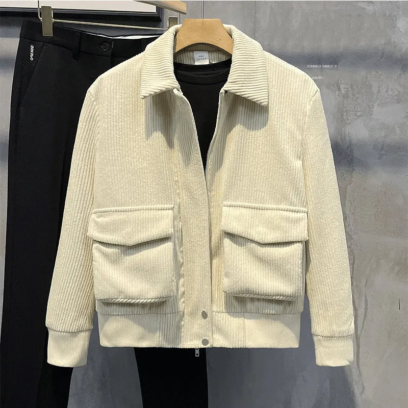 Corduroy coat for men, loose fit, drawstring sleeves, green colour, front view with relaxed silhouette