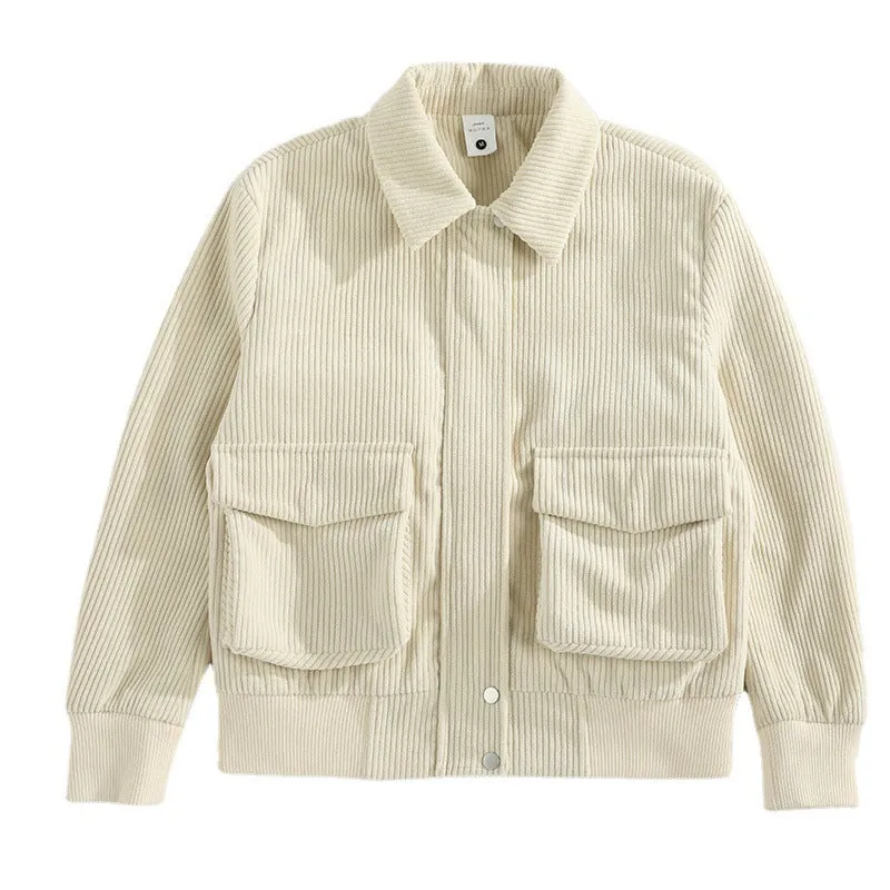 Corduroy coat for men, loose fit, drawstring sleeves, green colour, front view with relaxed silhouette