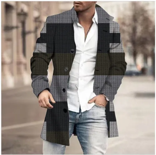 Men's stand collar mid-length plaid casual coat in a single-breasted design, available in multiple colours