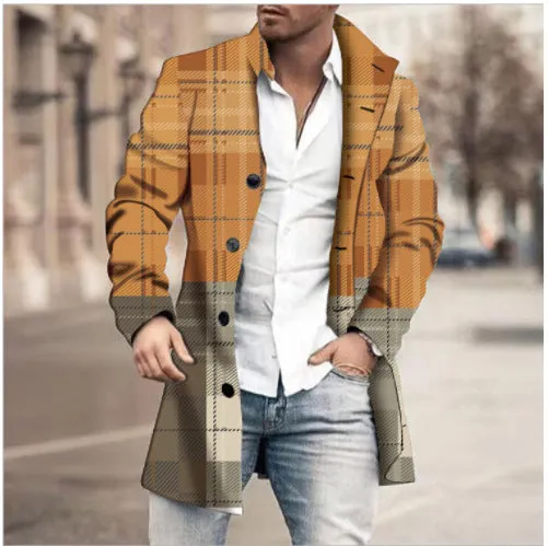 Men's stand collar mid-length plaid casual coat in a single-breasted design, available in multiple colours