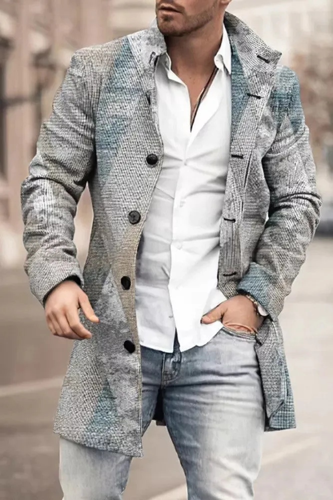 Men's stand collar mid-length plaid casual coat in a single-breasted design, available in multiple colours