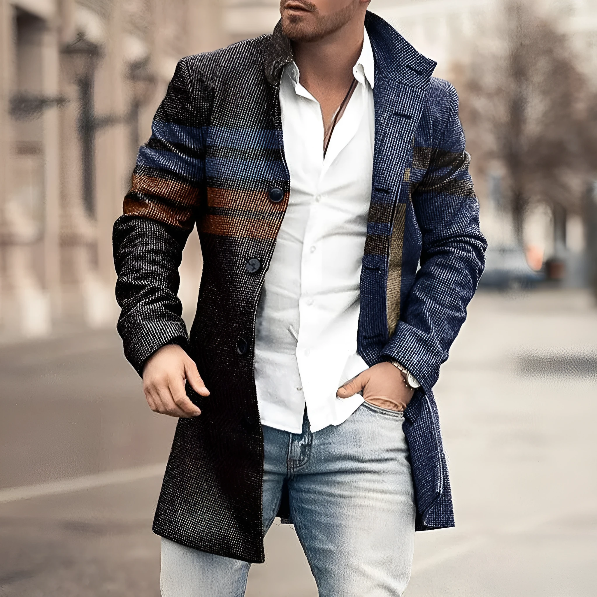 Men's stand collar mid-length plaid casual coat in a single-breasted design, available in multiple colours