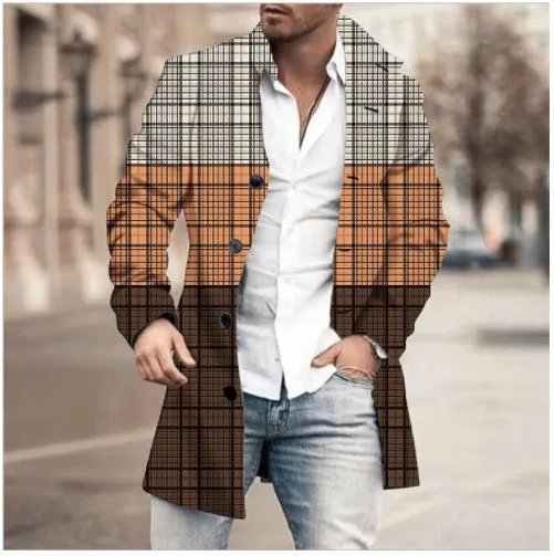 Men's stand collar mid-length plaid casual coat in a single-breasted design, available in multiple colours