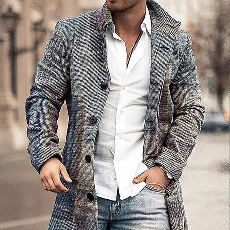 Men's stand collar mid-length plaid casual coat in a single-breasted design, available in multiple colours