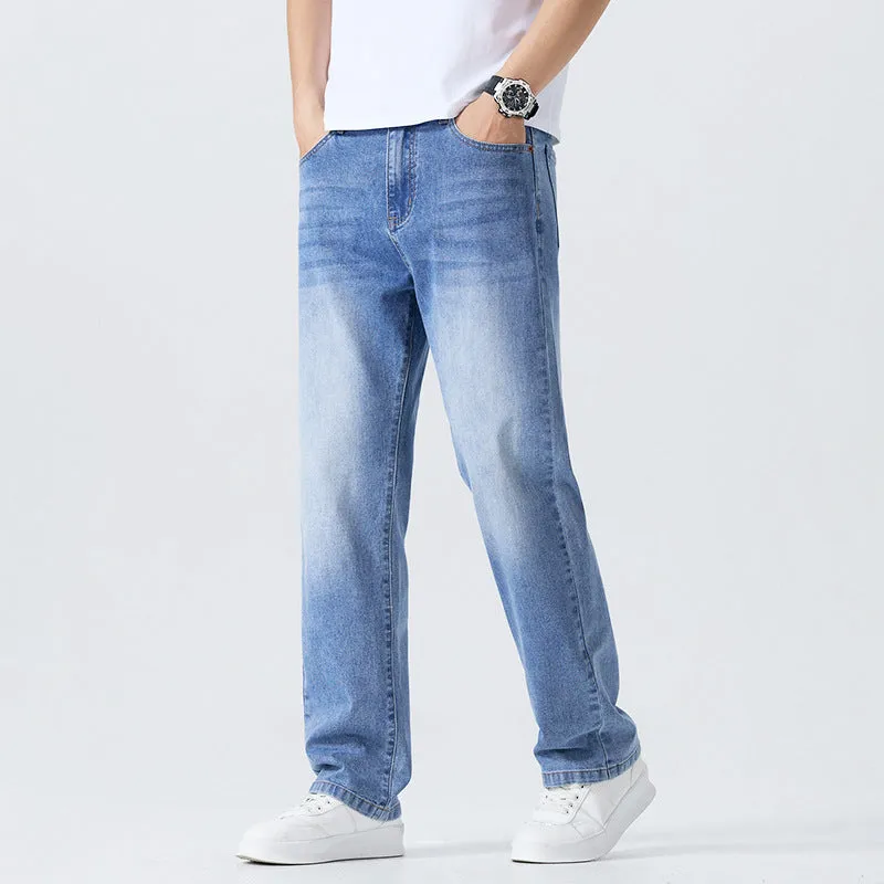 Washed cleanfit men's light blue straight leg denim jeans with zip fly and mid waist