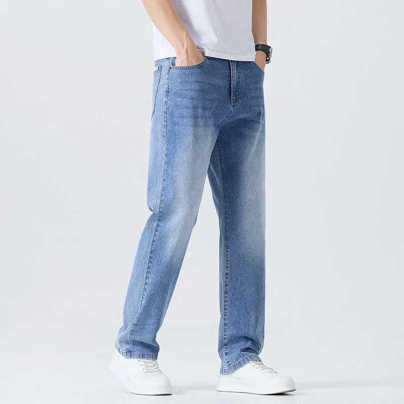 Washed cleanfit men's light blue straight leg denim jeans with zip fly and mid waist