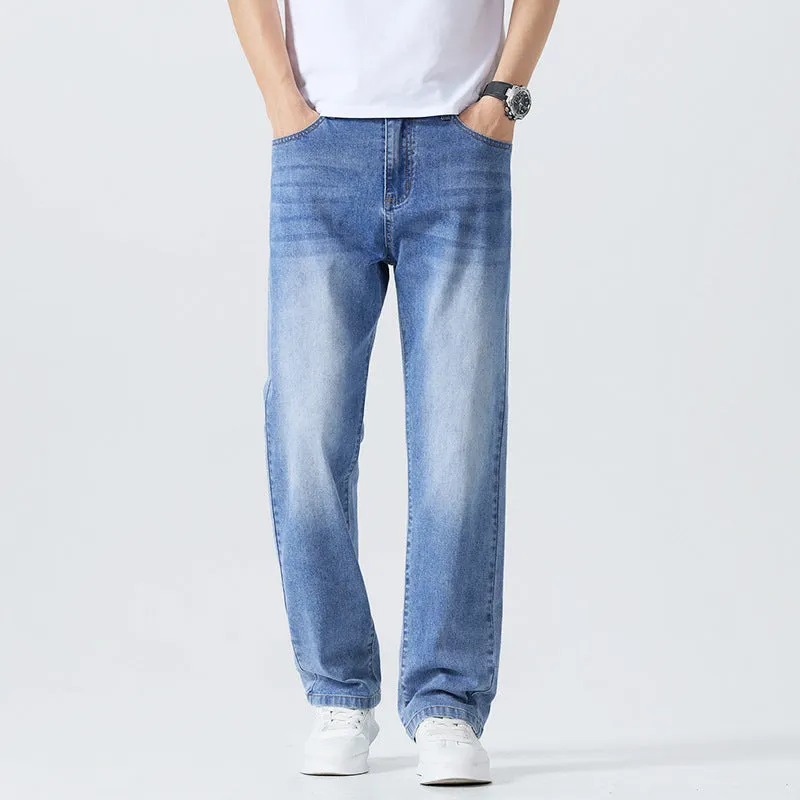 Washed cleanfit men's light blue straight leg denim jeans with zip fly and mid waist