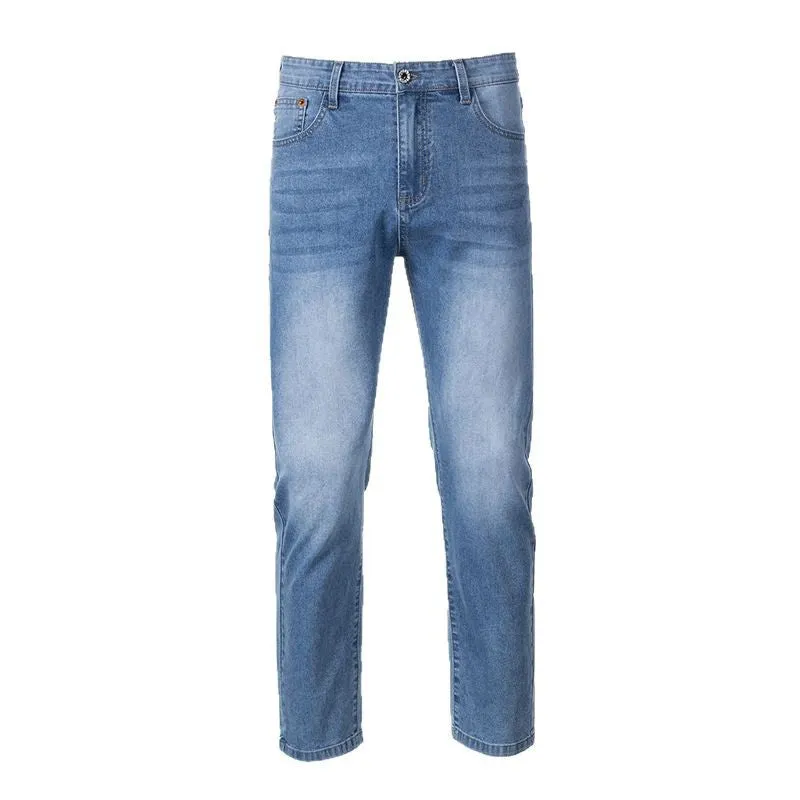 Washed cleanfit men's light blue straight leg denim jeans with zip fly and mid waist