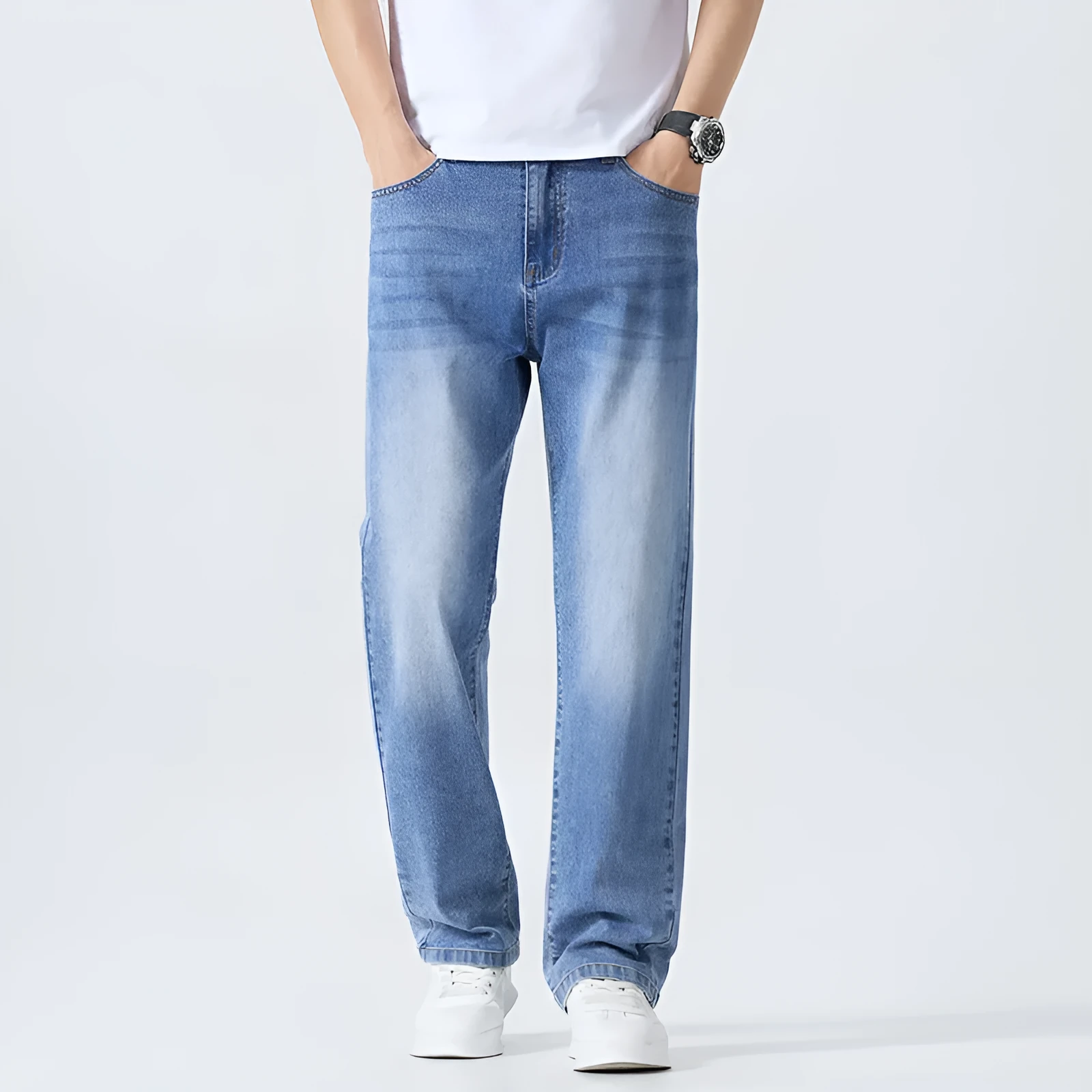 Washed cleanfit men's light blue straight leg denim jeans with zip fly and mid waist