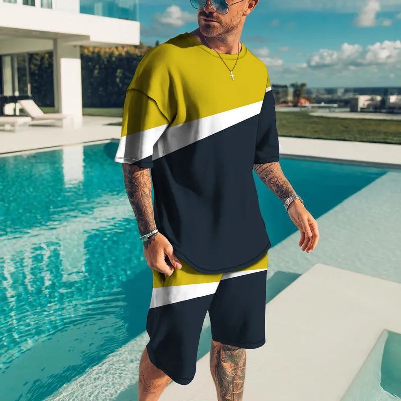 Men's casual beach style 3D digital print shorts set with T-shirt and shorts in TZ-001, 85% polyester, size S to 8XL