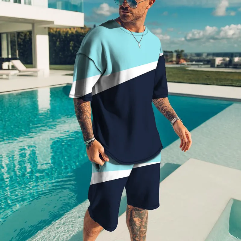 Men's casual beach style 3D digital print shorts set with T-shirt and shorts in TZ-001, 85% polyester, size S to 8XL