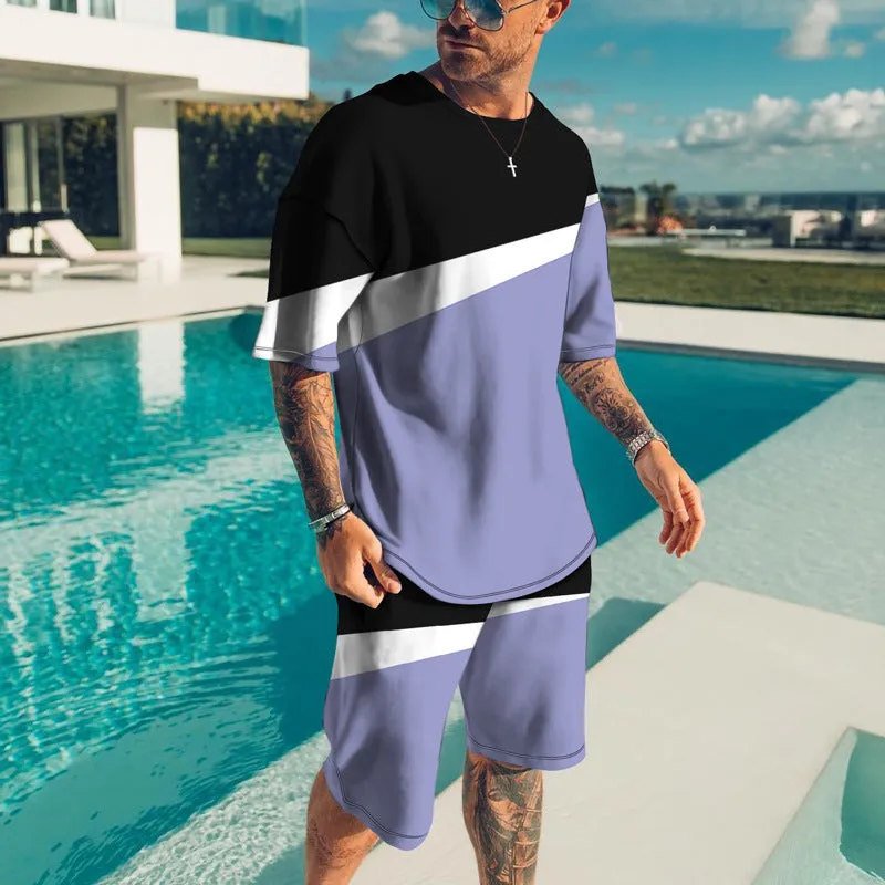 Men's casual beach style 3D digital print shorts set with T-shirt and shorts in TZ-001, 85% polyester, size S to 8XL