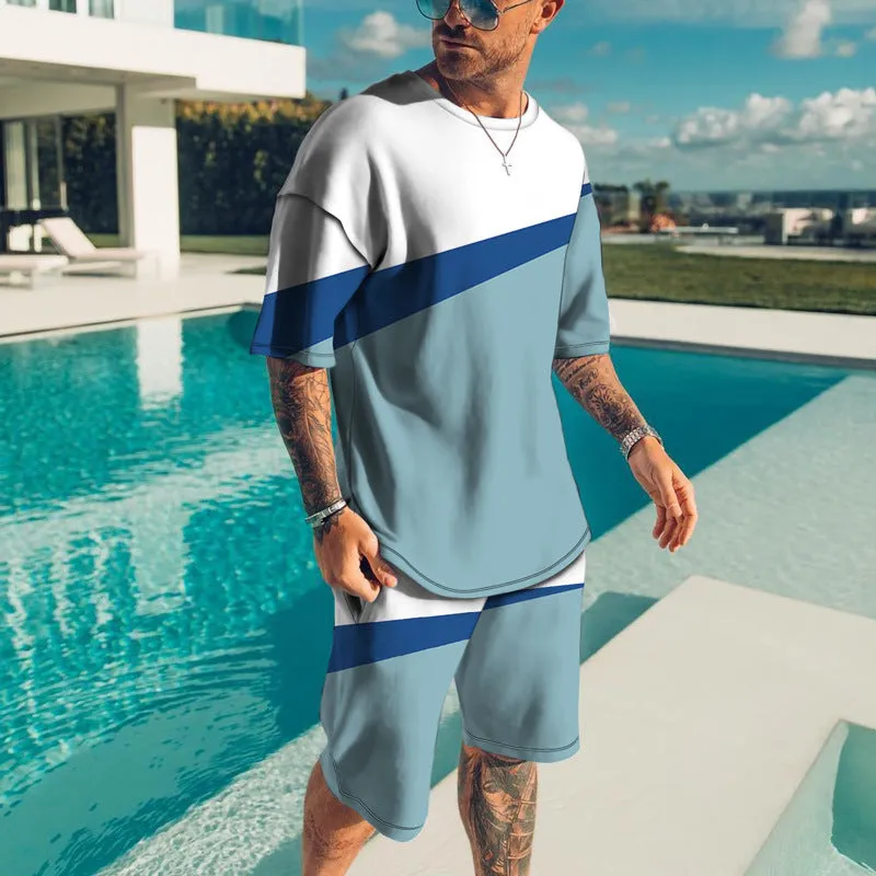Men's casual beach style 3D digital print shorts set with T-shirt and shorts in TZ-001, 85% polyester, size S to 8XL