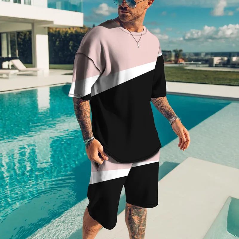 Men's casual beach style 3D digital print shorts set with T-shirt and shorts in TZ-001, 85% polyester, size S to 8XL
