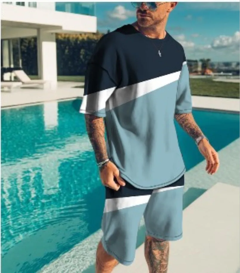 Men's casual beach style 3D digital print shorts set with T-shirt and shorts in TZ-001, 85% polyester, size S to 8XL