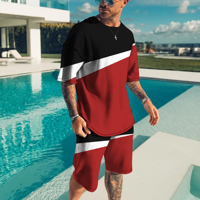 Men's casual beach style 3D digital print shorts set with T-shirt and shorts in TZ-001, 85% polyester, size S to 8XL