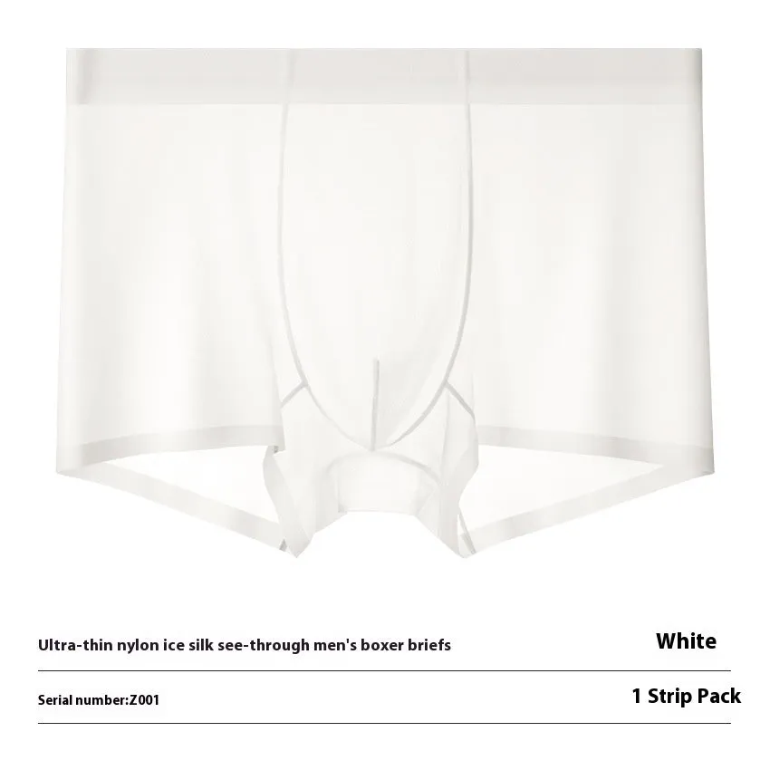 Ultra-thin Ice Silk seamless boxer briefs in white, shown flat.