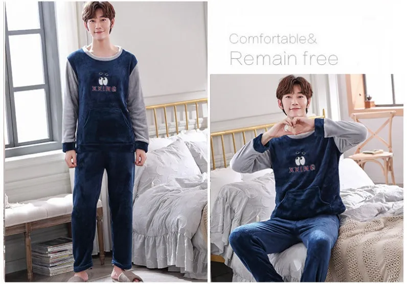 Men's coral velvet thickened flannel pajama set, long sleeve round neck top and trousers, winter sleepwear
