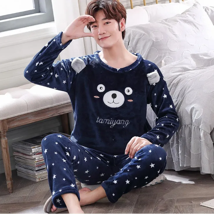 Men's coral velvet thickened flannel pajama set, long sleeve round neck top and trousers, winter sleepwear
