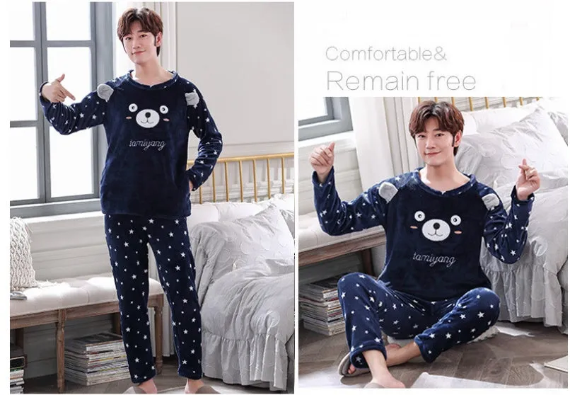 Men's coral velvet thickened flannel pajama set, long sleeve round neck top and trousers, winter sleepwear