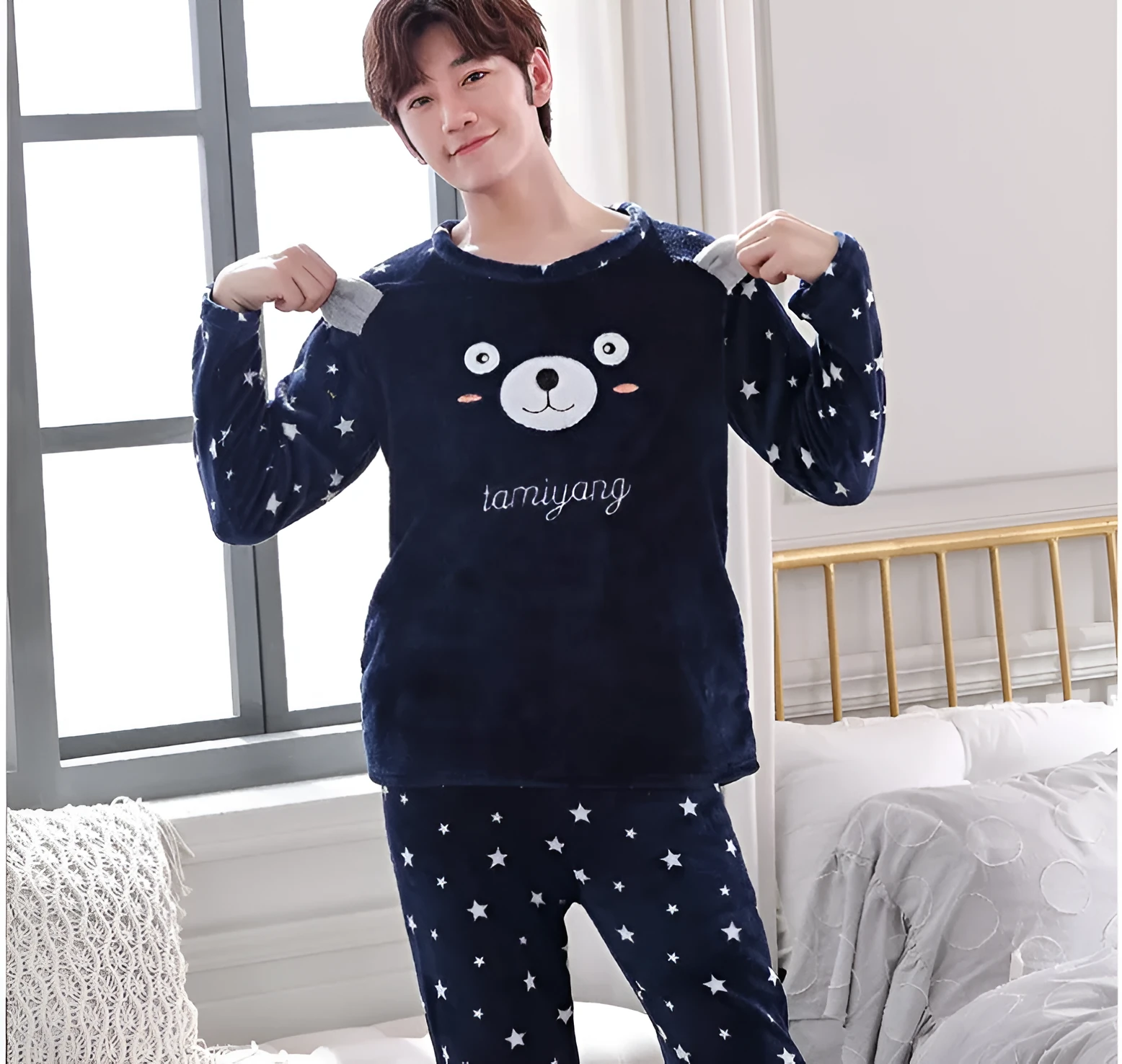 Men's coral velvet thickened flannel pajama set, long sleeve round neck top and trousers, winter sleepwear