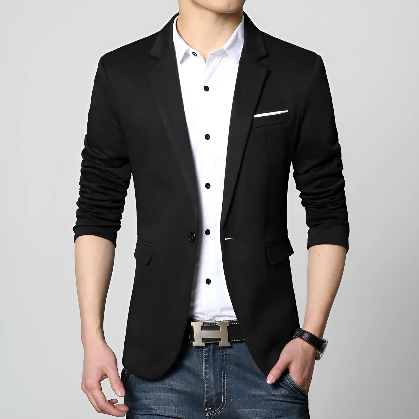 Slim fit best man dress top coat jacket in black with patch pockets, formal wear