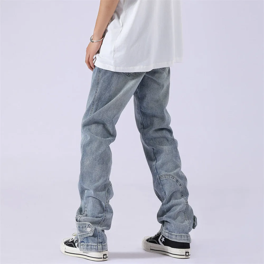 Blue cotton patchwork straight-leg jeans for men with size chart S to XXL