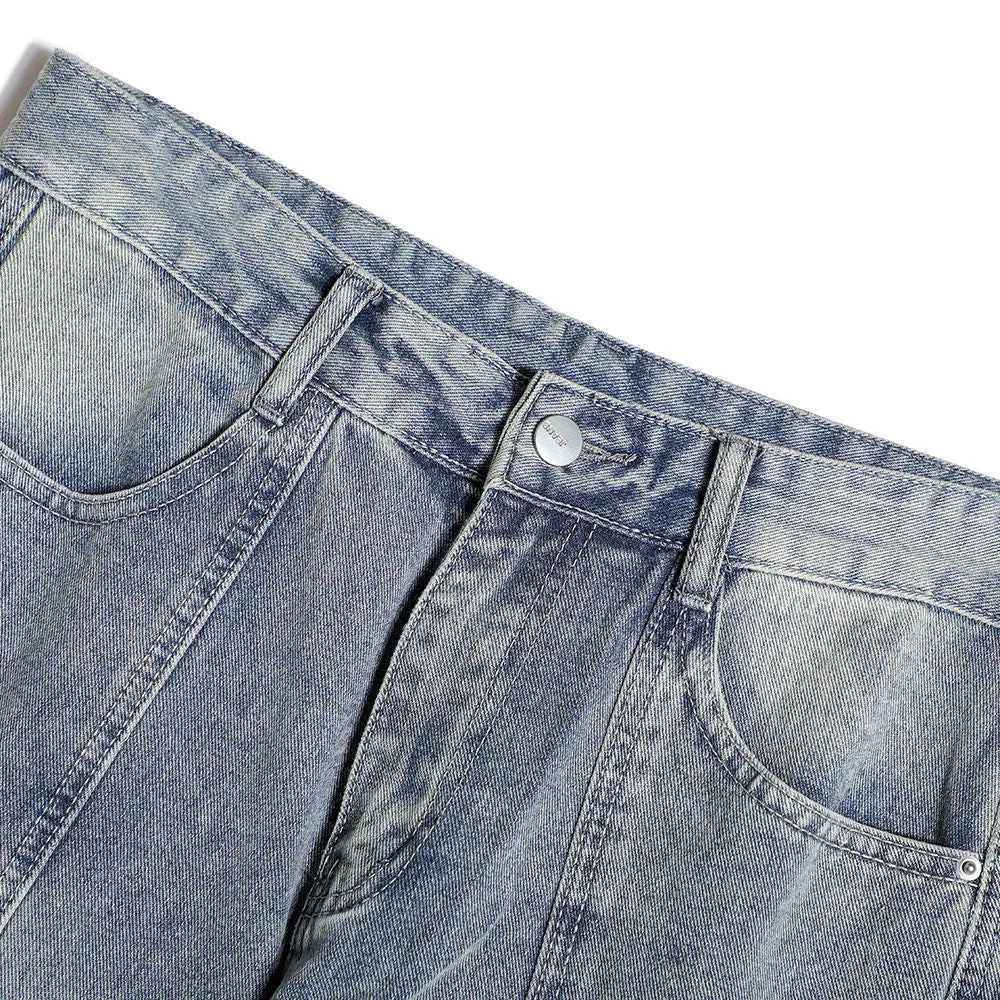 Blue cotton patchwork straight-leg jeans for men with size chart S to XXL
