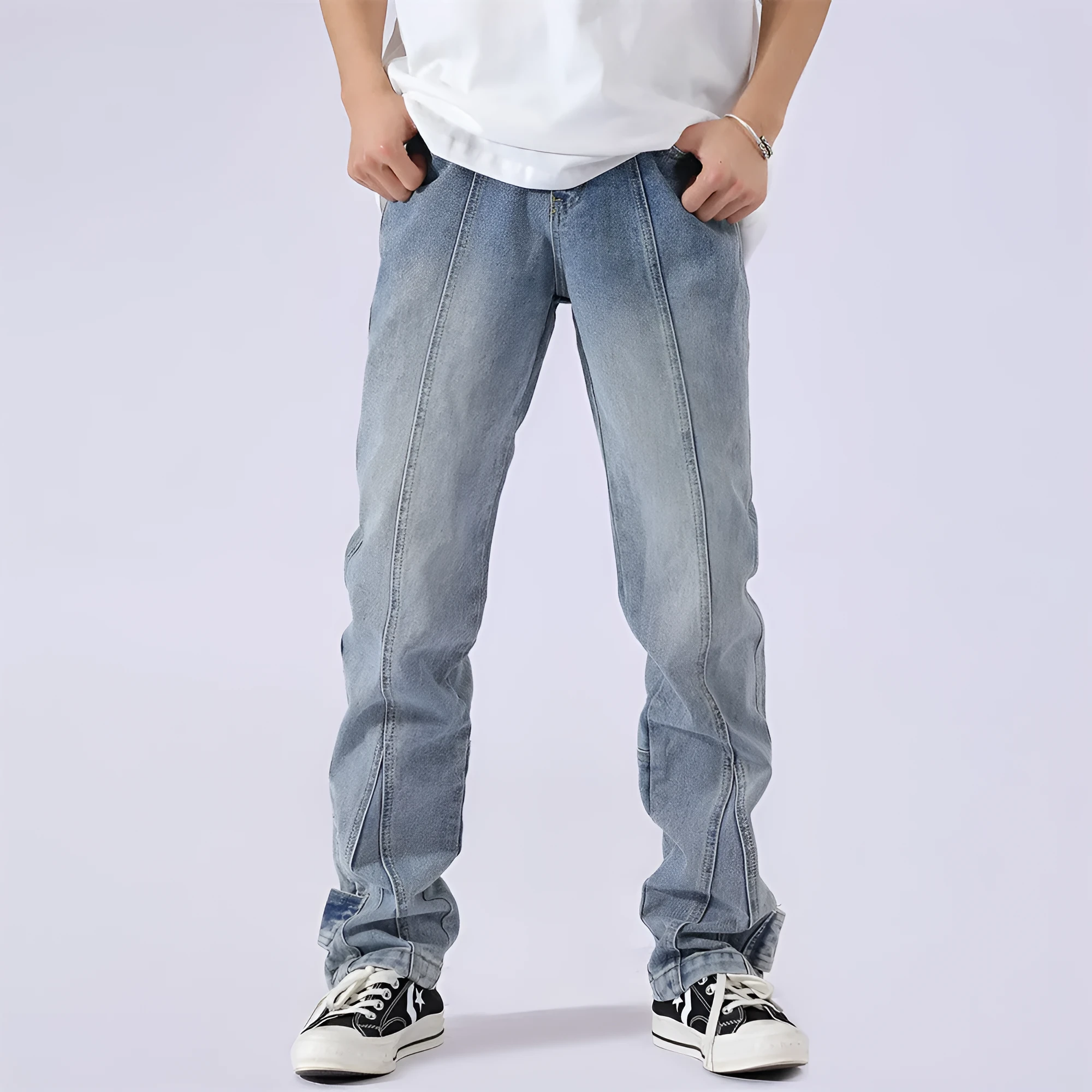 Blue cotton patchwork straight-leg jeans for men with size chart S to XXL