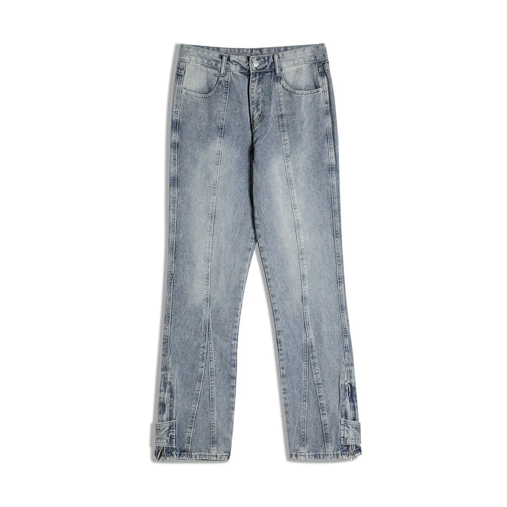 Blue cotton patchwork straight-leg jeans for men with size chart S to XXL