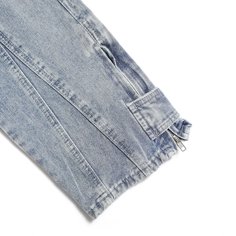 Blue cotton patchwork straight-leg jeans for men with size chart S to XXL