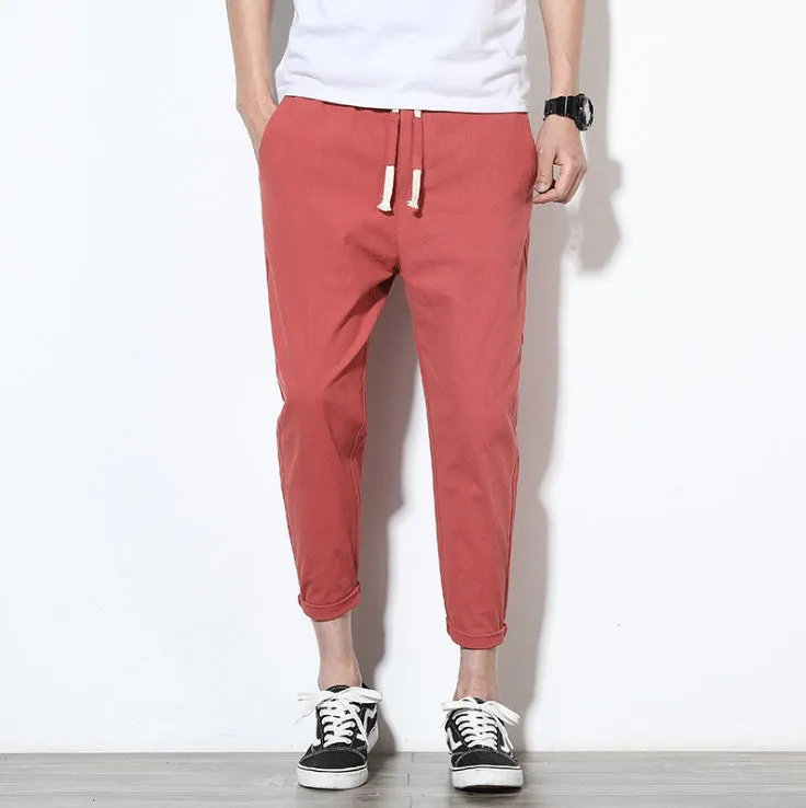 Summer men's loose fit casual trousers in cotton hemp blend with drawstring waist tapered legs nine-tenths length