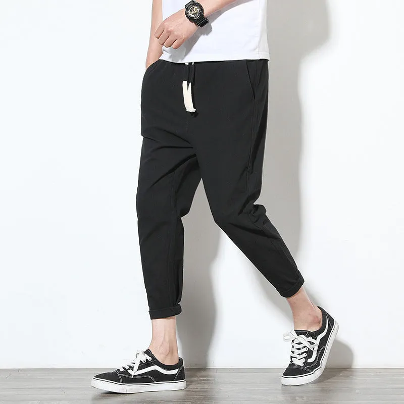 Summer men's loose fit casual trousers in cotton hemp blend with drawstring waist tapered legs nine-tenths length