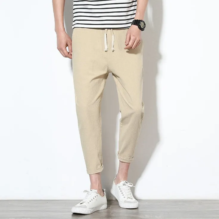 Summer men's loose fit casual trousers in cotton hemp blend with drawstring waist tapered legs nine-tenths length