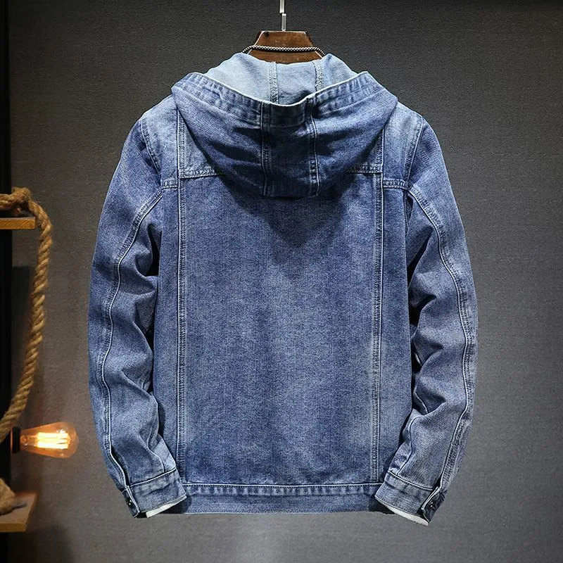 Men's slim-fit hooded denim jacket in light blue with cotton lining